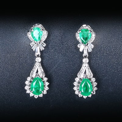 14k Gold 1.31 Ct Natural Emerald & Diamond Earrings (1 of 6)