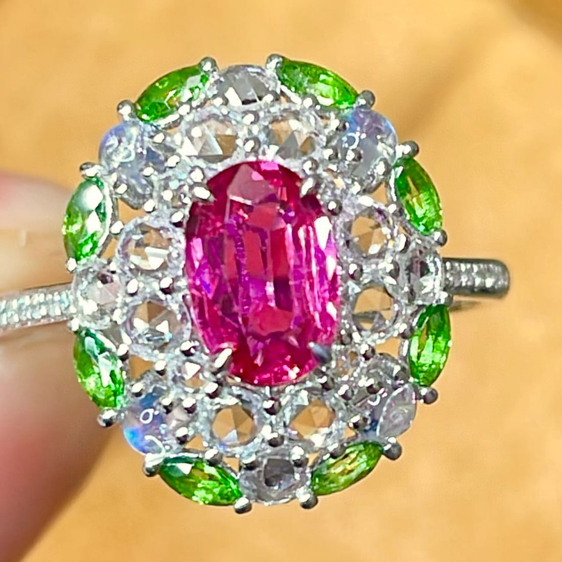 14k Gold 1 Ct Natural Ruby & Diamond & Sapphire & Tsavorite & Moonstone Ring: Ref:231076440 // gold content:14k gold // ring size:7. 25us // // main gemstone:ruby // shape:oval // carat weight:1ct // color:red // treatment:natural // // adjacent gemstone 2 : diamond // shape:ro