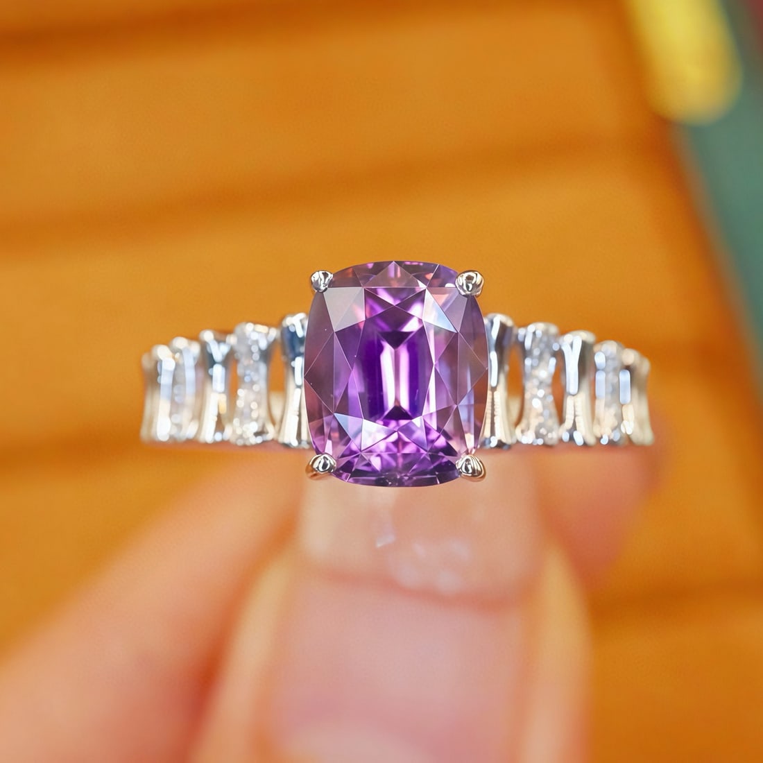 14k Gold 2.09 Ctw Natural Spinel & Diamond Ring: Ref:231074381 // gold content:14k gold // ring size:7. 25us // // main gemstone:spinel // shape:cushion // carat weight:2. 04ct // color:purple // treatment:natural // // adjacent gemstone 2 : diamond