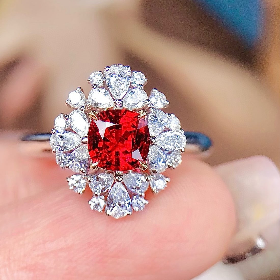 14k Gold 1.90 Ctw Natural Spinel & Diamond Ring: Ref:231086261 // gold content:14k gold // ring size:7. 25us // // main gemstone:spinel // shape:cushion // carat weight:1. 05ct // color:red // treatment:natural // // adjacent gemstone 2 : diamond //