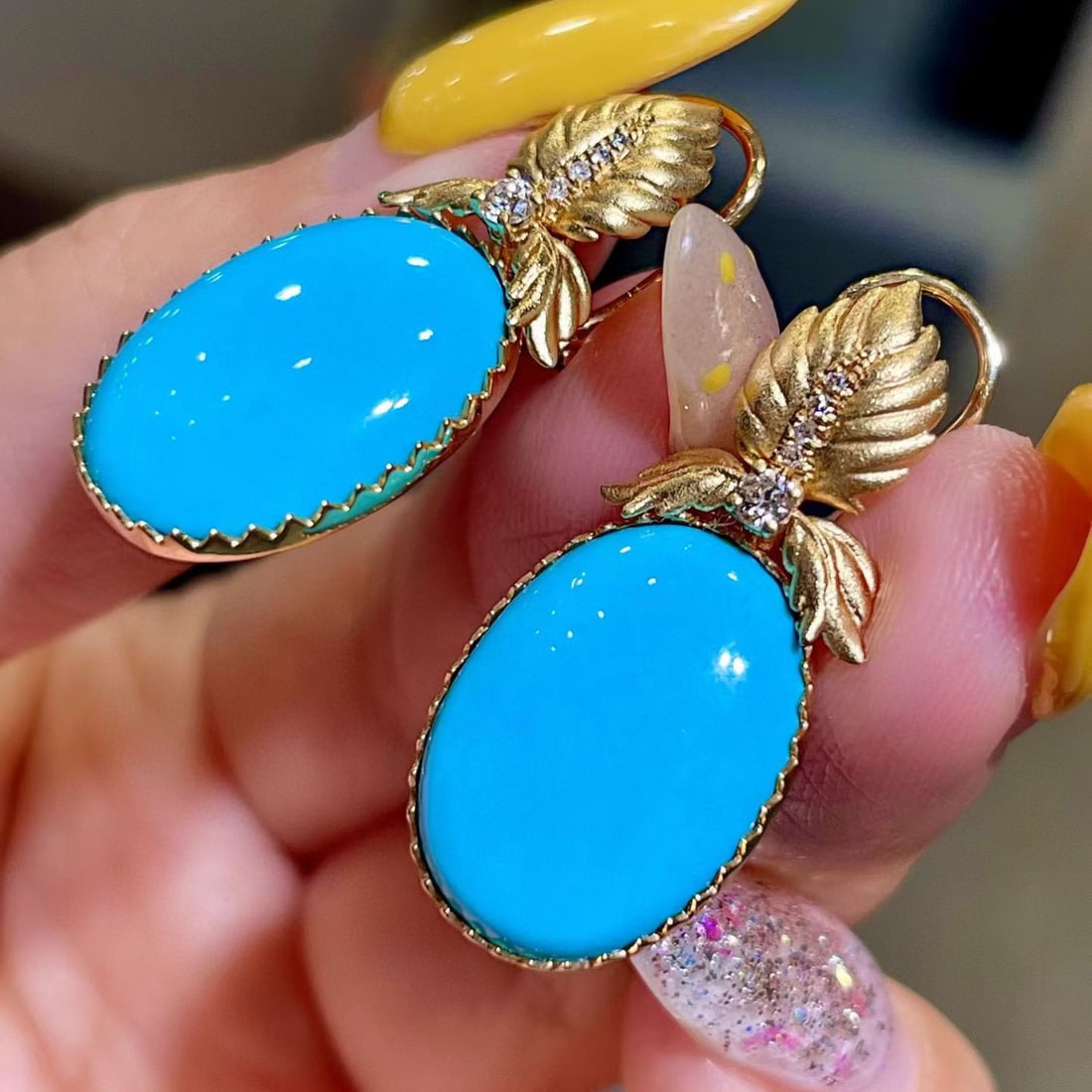 14k Gold 14.96 Ctw Natural Blue Turquoise & Diamond Earrings - 3