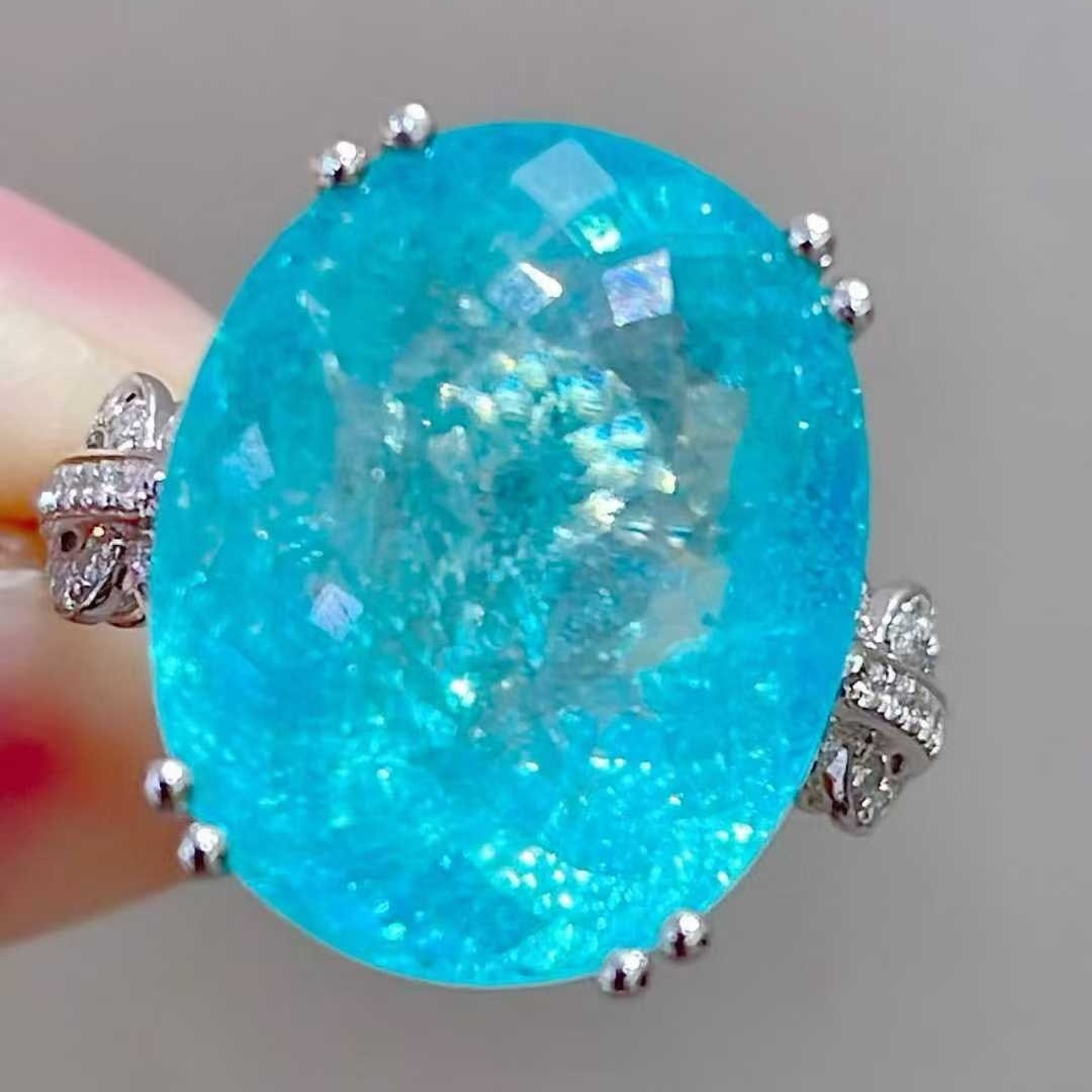 14k Gold 14.13 Ctw Natural Paraiba Tourmaline & Diamond Ring - 4