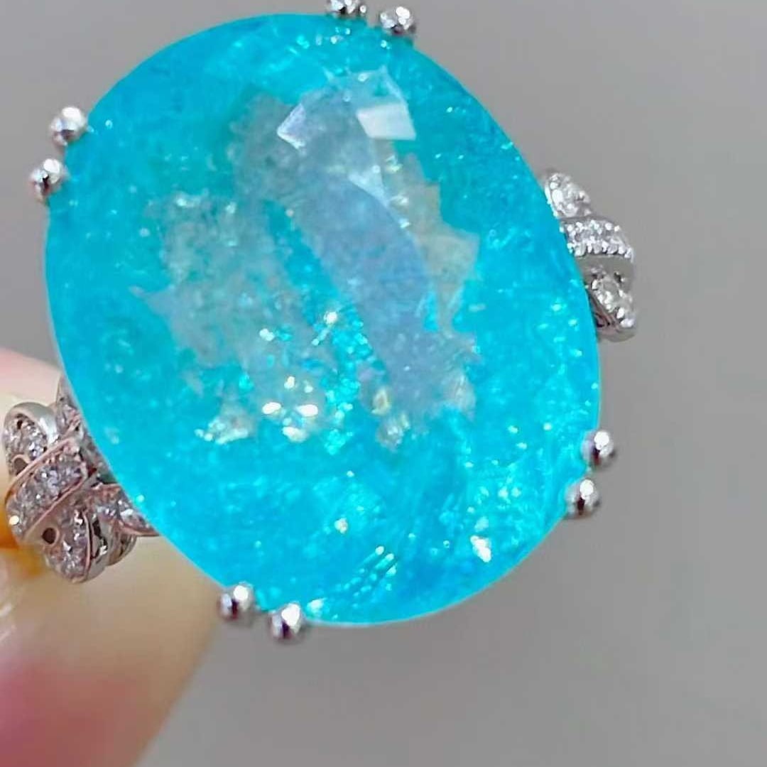 14k Gold 14.13 Ctw Natural Paraiba Tourmaline & Diamond Ring - 5