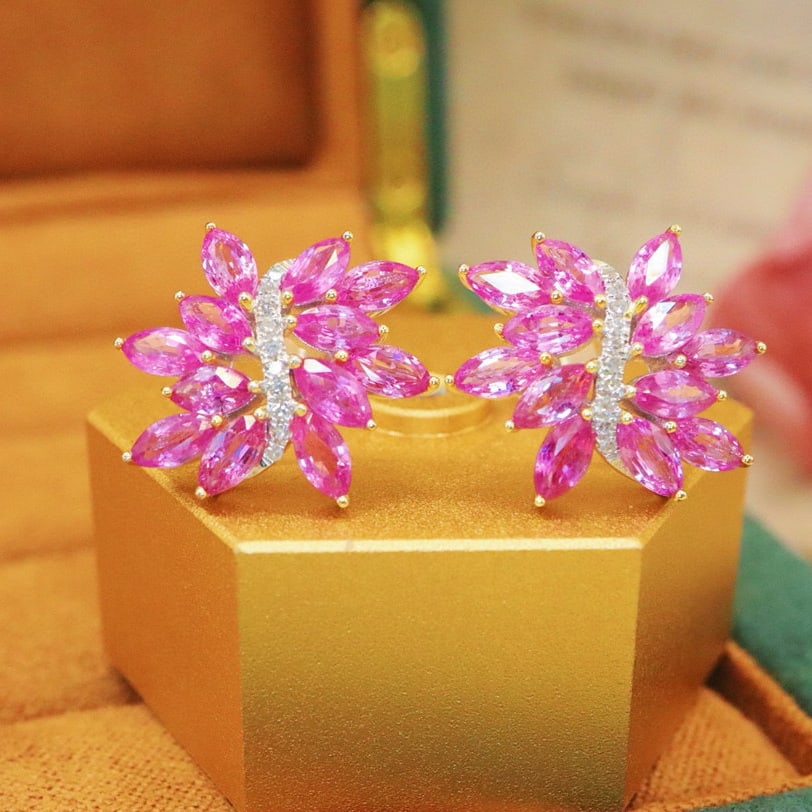 14k Gold 4.75 Ctw Natural Sapphire & Diamond Earrings: Ref:231090040 // gold content:14k gold // main gemstone:sapphire // shape:marquise // carat weight:4. 65ct // color:pink // treatment:natural // // adjacent gemstone 2 : diamond // number of