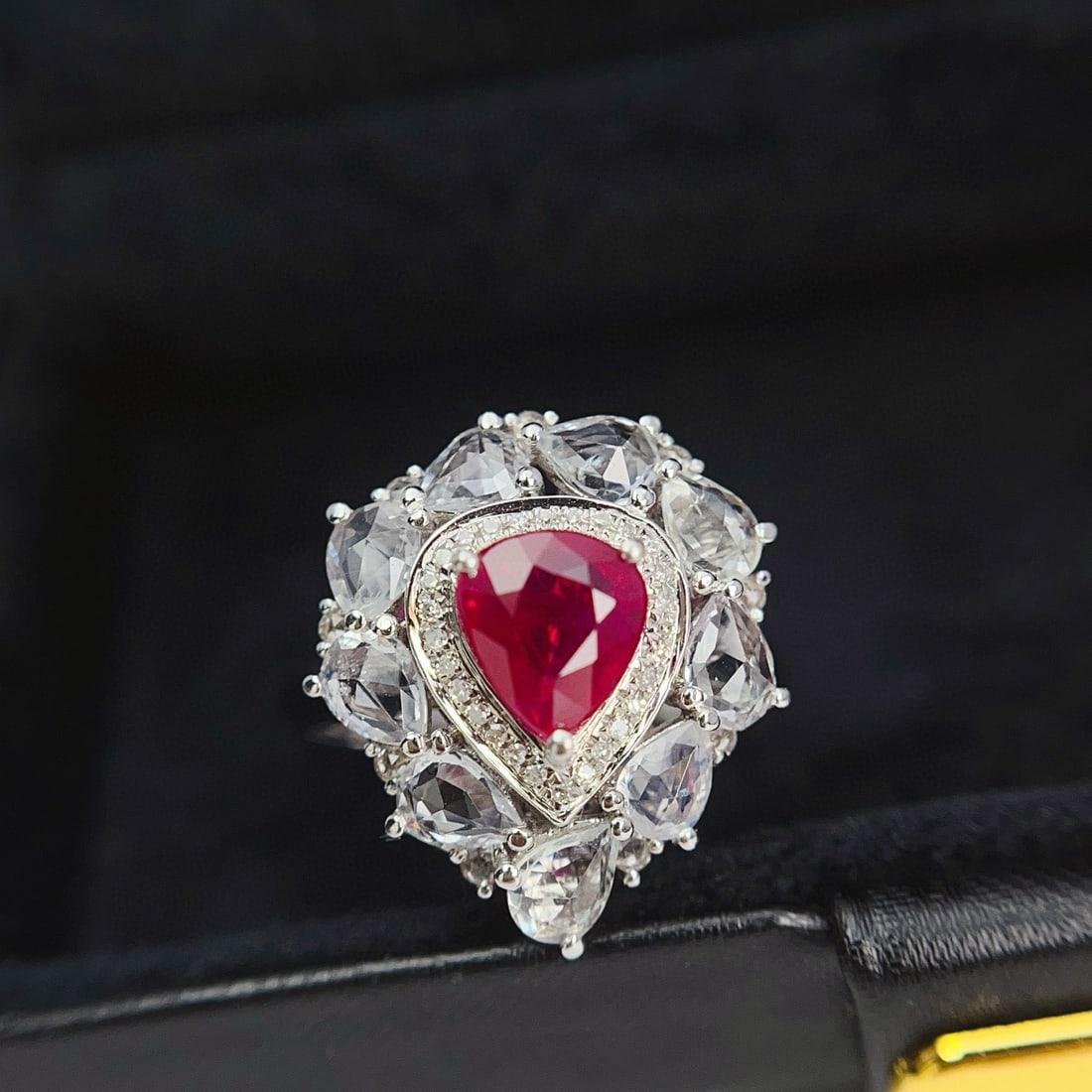 14k Gold 1.15 Ct Vivid Red Natural Ruby & Diamond & Sapphire Ring/pendant( Without Chain ): Ref:231090140 // gold content:14k gold // ring size:7. 25us // // main gemstone:ruby // shape:pear // carat weight:1. 15ct // color:vivid red // treatment:natural // // adjacent gemstone 2 :