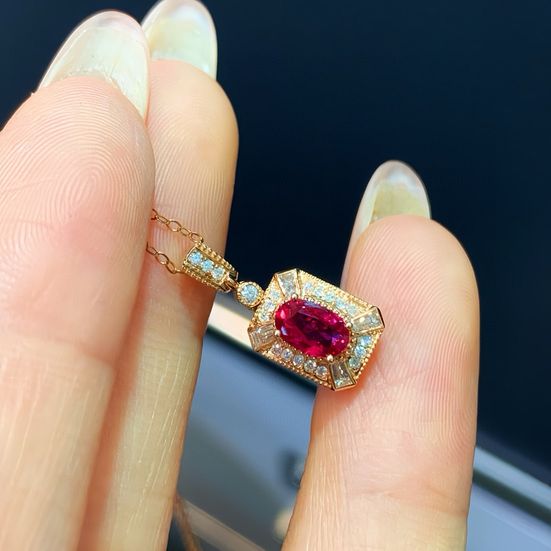 14k Gold 0.72 Ctw Natural Ruby & Diamond Pendant( Without Chain ): Ref:231090186 // gold content:14k gold // main gemstone:ruby // shape:oval // carat weight:0. 55ct // color:red // treatment:natural // // adjacent gemstone 2 : diamond // shape:round // carat