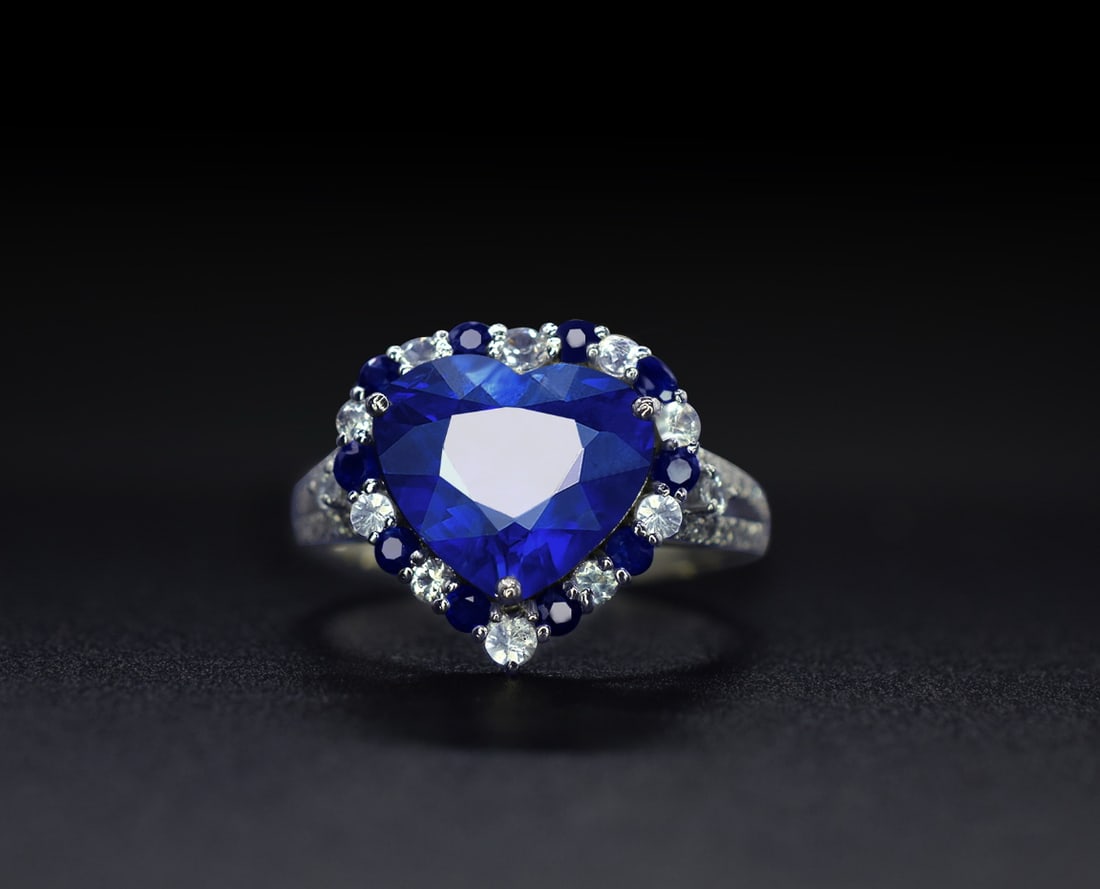 14k Gold 3.78 Ctw Natural Sapphire & Diamond Ring: Ref:231090251 // gold content:14k gold // ring size:7. 25us // // main gemstone:sapphire // shape:heart // carat weight:3. 70ct // color:blue // treatment:natural // // adjacent gemstone 2 :