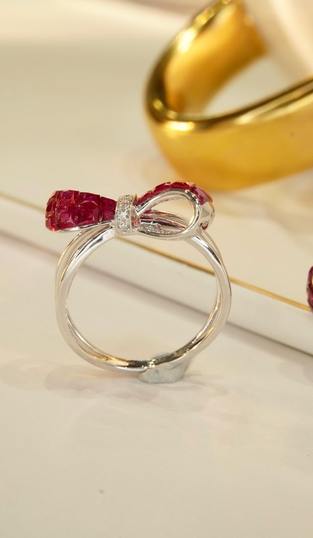 14k Gold 1.56 Ctw Natural Ruby & Diamond Ring: Ref:231090401 // gold content:14k gold // ring size:7. 25us // // main gemstone:ruby // shape:princess // carat weight:1. 46ct // color:red // treatment:natural // // adjacent gemstone 2 : diamond