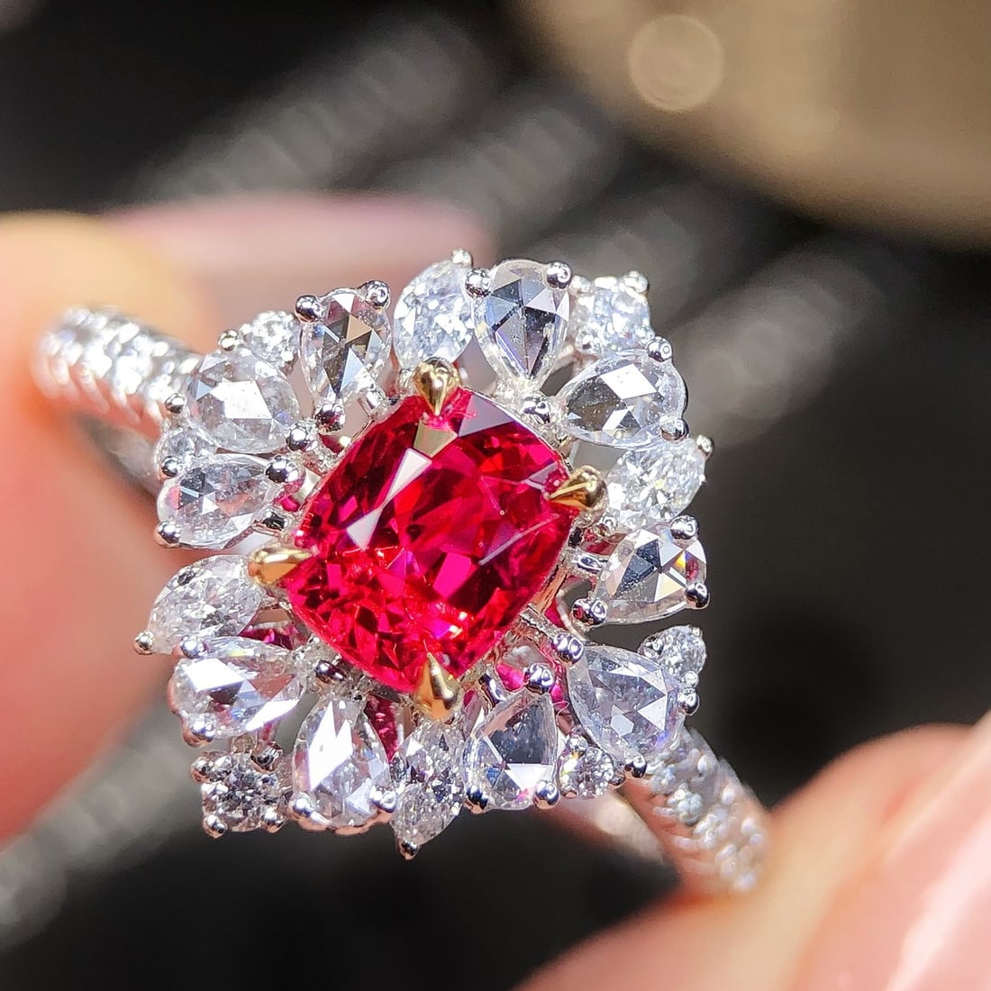 14k Gold 1.41 Ctw Natural Spinel & Diamond Ring: Ref:231096345 // gold content:14k gold // ring size:7. 25us // // main gemstone:spinel // shape:cushion // carat weight:0. 85ct // color:red // treatment:natural // // adjacent gemstone 2 : diamond //