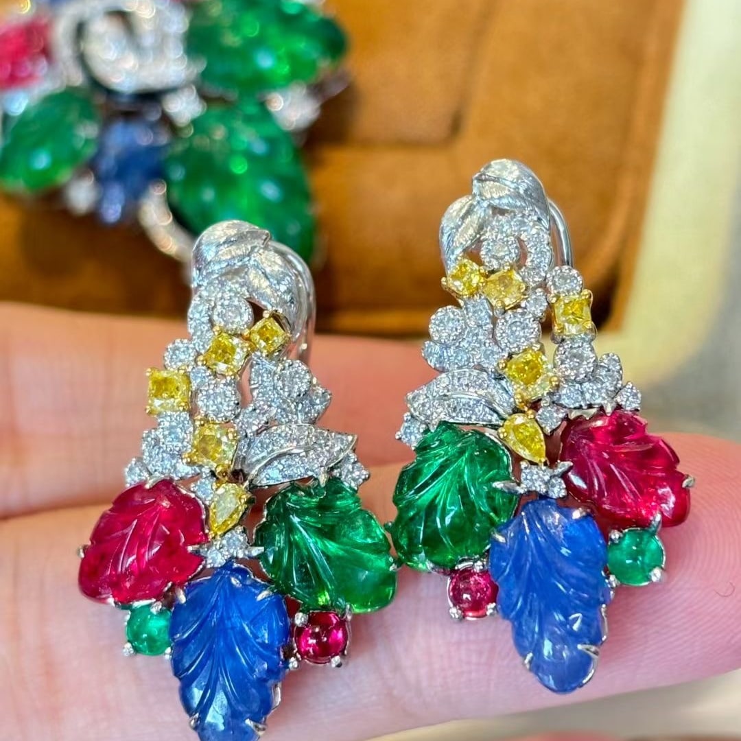 14K GOLD 7.31 CT NATURAL SPINEL & SAPPHIRE & EMERALD EARRINGS: Ref:231101002 // Gold Content:14K Gold // Main Gemstone:Spinel & Sapphire & Emerald // Shape:Other // Carat Weight:7.31ct // Color:Red & Blue & Green // Treatment:Natural // // Adjacent Gemstone 2 : Y