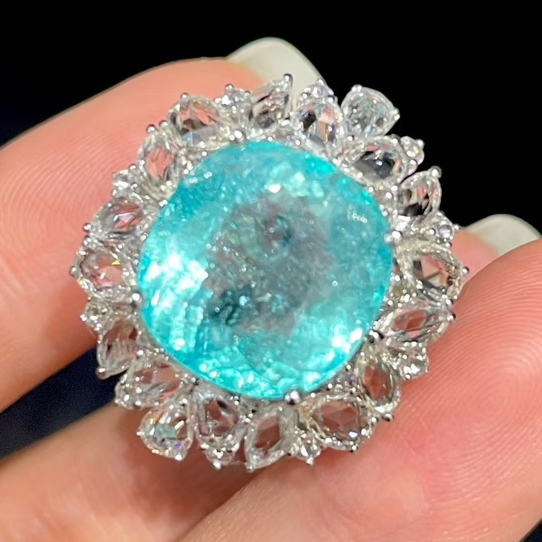 14K GOLD 9.68 CT NATURAL PARAIBA TOURMALINE & SAPPHIRE RING - 2