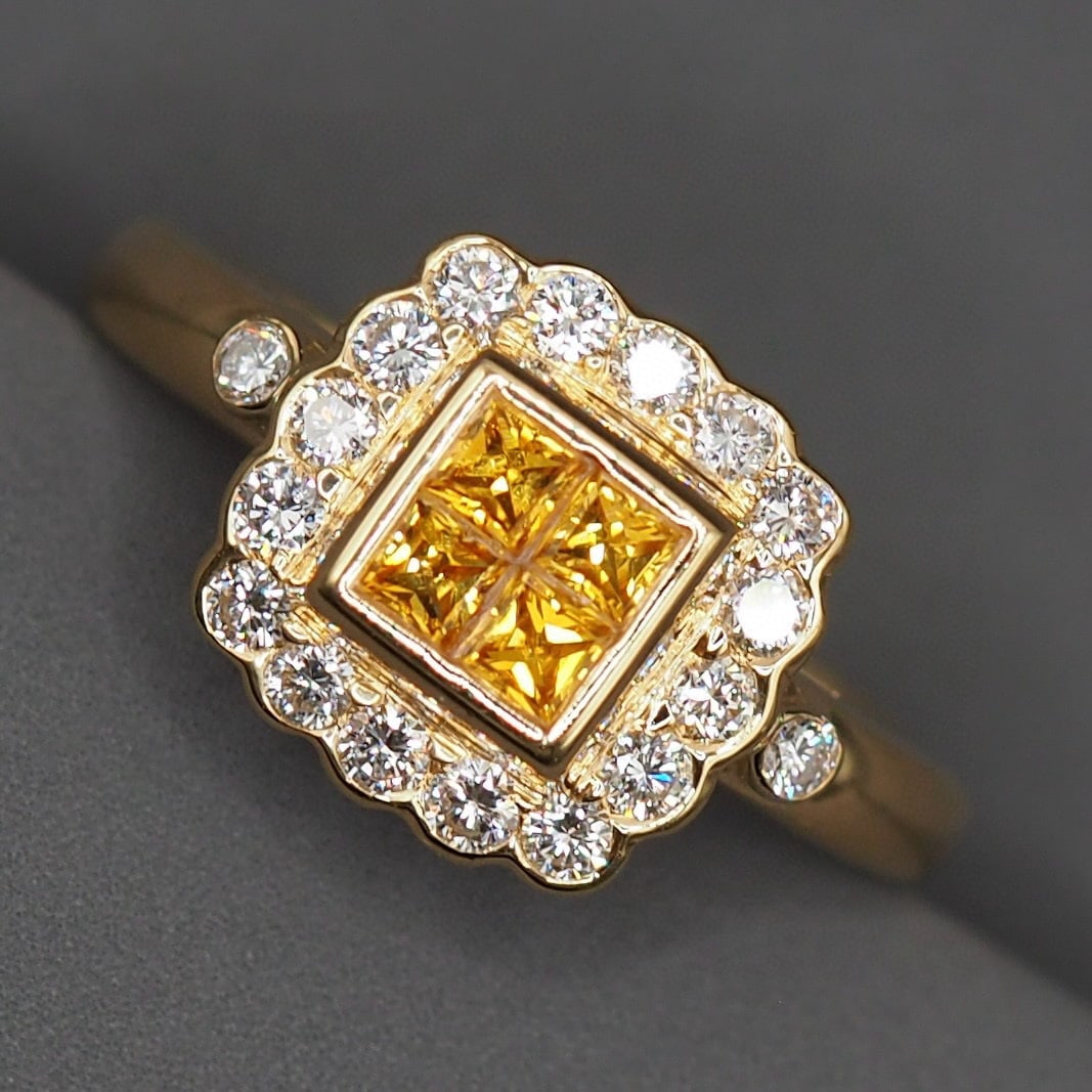 14K GOLD 1.23 CTW NATURAL YELLOW DIAMOND & DIAMOND RING: Ref:231101161 // Gold Content:14K Gold // Ring Size:7.25US // // Main Gemstone:Yellow Diamond // Shape:Princess // Carat Weight:0.8ct // Color:Yellow // Treatment:Natural // // Adjacent Gemstone 2