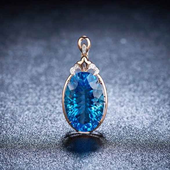 14K GOLD 20.25 CT NATURAL TOPAZ & DIAMOND PENDANT( WITHOUT CHAIN ): Ref:231101165 // Gold Content:14K Gold // Main Gemstone:Topaz // Shape:Oval // Carat Weight:20.25ct // Color:Blue // Treatment:Natural // // Adjacent Gemstone 2 : Diamond // Shape:Round // Clarity Gra