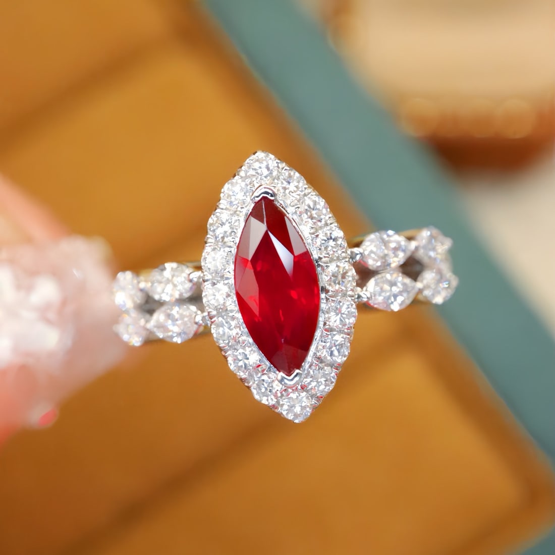 14K GOLD 1.76 CTW NATURAL RUBY & DIAMOND RING: Ref:231102355 // Gold Content:14K Gold // Ring Size:7.25US // // Main Gemstone:Ruby // Shape:Marquise // Carat Weight:1.02ct // Color:PigeonBlood Red // Treatment:Natural // // Adjacent Gemstone 2 : D