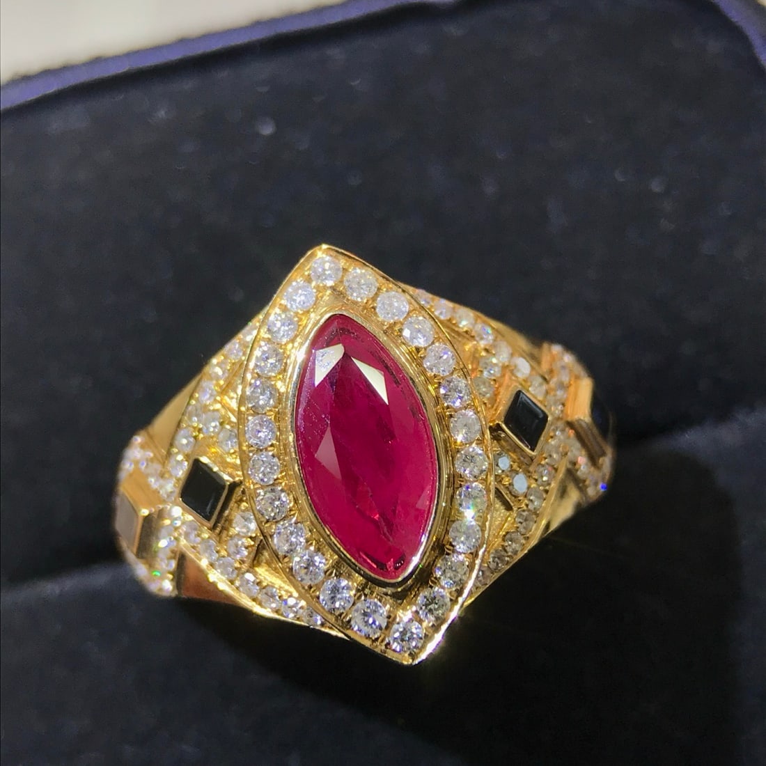 14K GOLD 1.57 CTW NATURAL RUBY & DIAMOND RING: Ref:231102400 // Gold Content:14K Gold // Ring Size:7.25US // // Main Gemstone:Ruby // Shape:Marquise // Carat Weight:1.20ct // Color:Red // Treatment:Natural // // Adjacent Gemstone 2 : Diamond