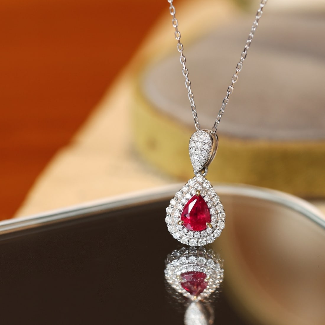 14K GOLD 0.96 CTW NATURAL RUBY & DIAMOND PENDANT( WITHOUT CHAIN ): Ref:231102431 // Gold Content:14K Gold // Main Gemstone:Ruby // Shape:Pear // Carat Weight:0.65ct // Color:PigeonBlood Red // Treatment:Natural // // Adjacent Gemstone 2 : Diamond // Shape:Round //
