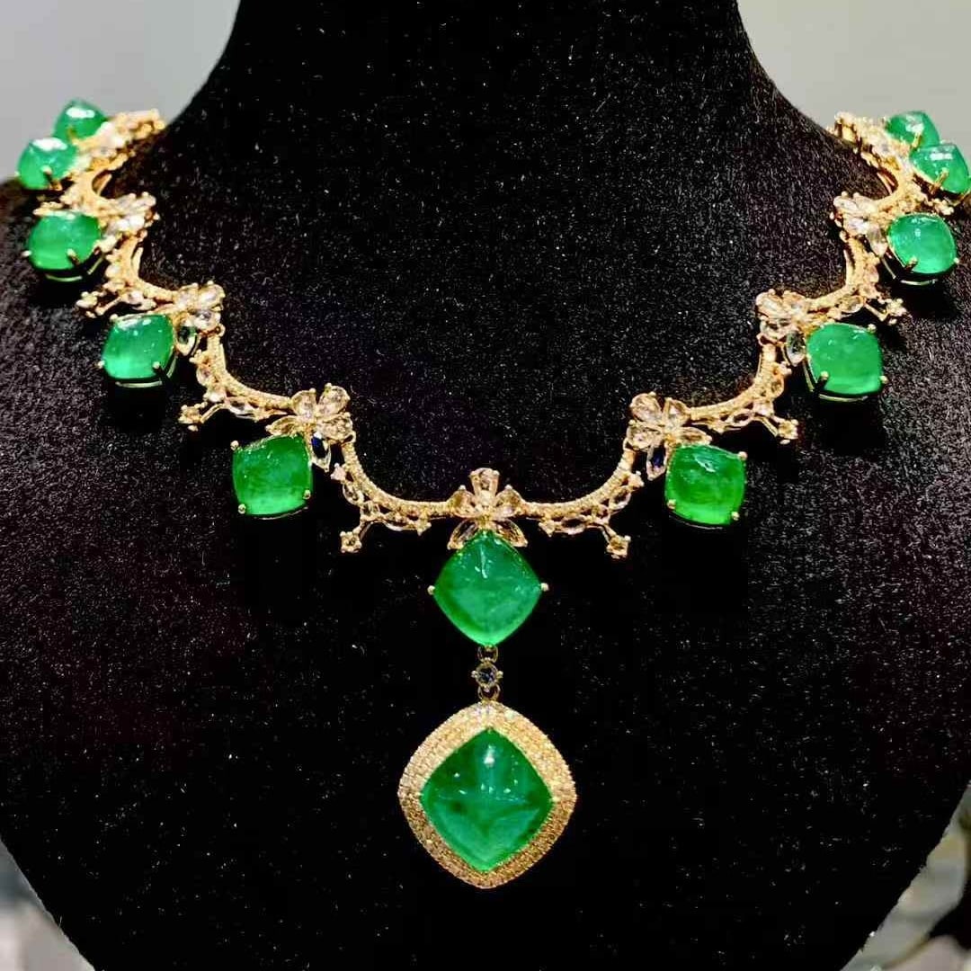 14k Gold 18.5 Ct Vivid Green Natural Emerald & Diamond & Sapphire Necklace (1 of 7)