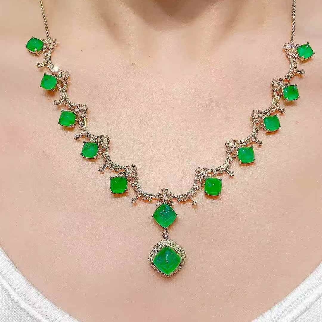14k Gold 18.5 Ct Vivid Green Natural Emerald & Diamond & Sapphire Necklace - 6