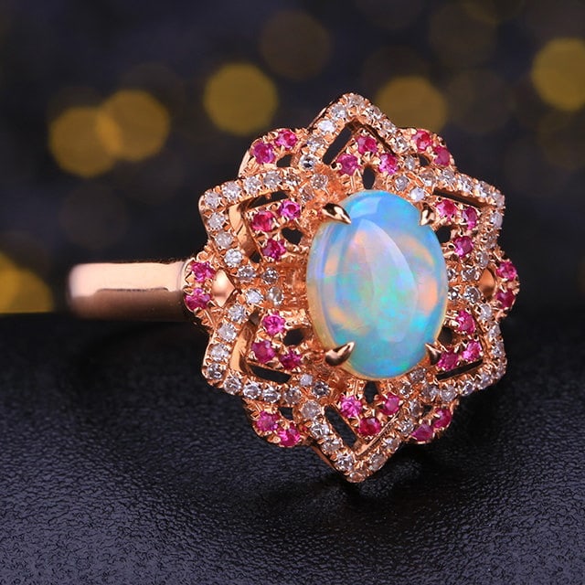 14k Gold 1.13 Ctw Natural Opal & Diamond Ring - 3