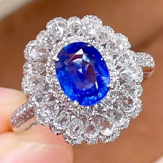 14k Gold 2.13 Ctw Natural Sapphire & Diamond Ring: Ref:231103147 // gold content:14k gold // ring size:7. 25us // // main gemstone:sapphire // shape:oval // carat weight:1. 33ct // color:royal blue // treatment:natural // // adjacent gemstone 2 :