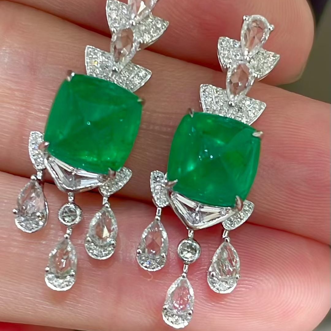 14k Gold 5.9 Ct Vivid Green Natural Emerald & Diamond & Sapphire Earrings - 2