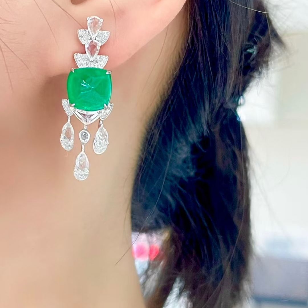 14k Gold 5.9 Ct Vivid Green Natural Emerald & Diamond & Sapphire Earrings - 4