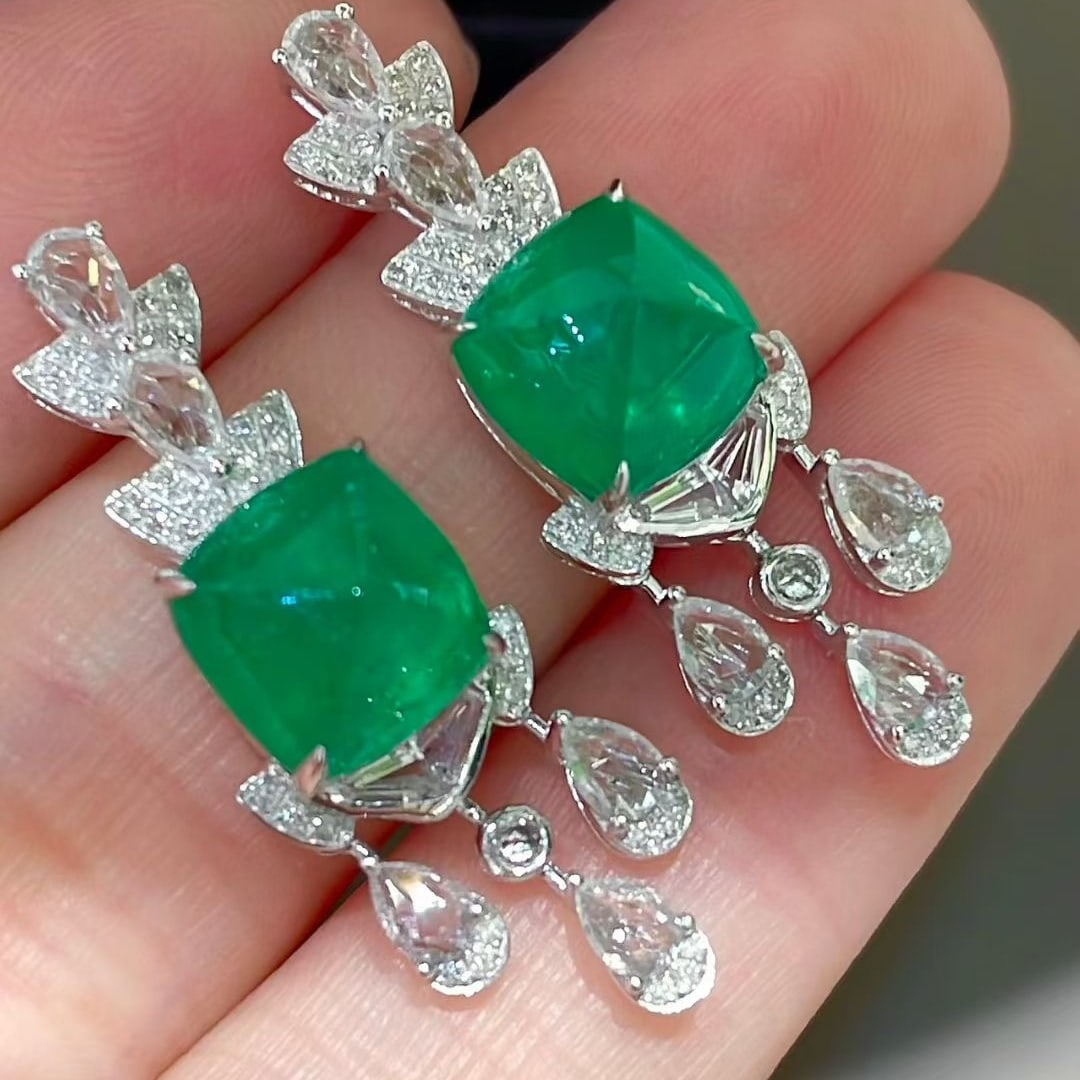 14k Gold 5.9 Ct Vivid Green Natural Emerald & Diamond & Sapphire Earrings - 5