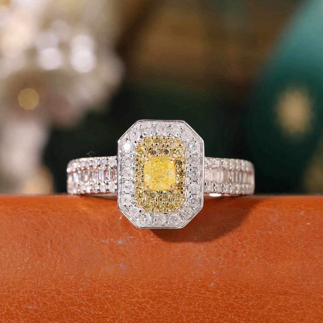 14k Gold 0.87 Ctw Natural Yellow Diamond & Diamond Ring: Ref:231103202 // gold content:14k gold // ring size:7. 25us // // main gemstone:yellow diamond // shape:cushion // carat weight:0. 22ct // color:yellow // treatment:natural // // adjacent gemstone