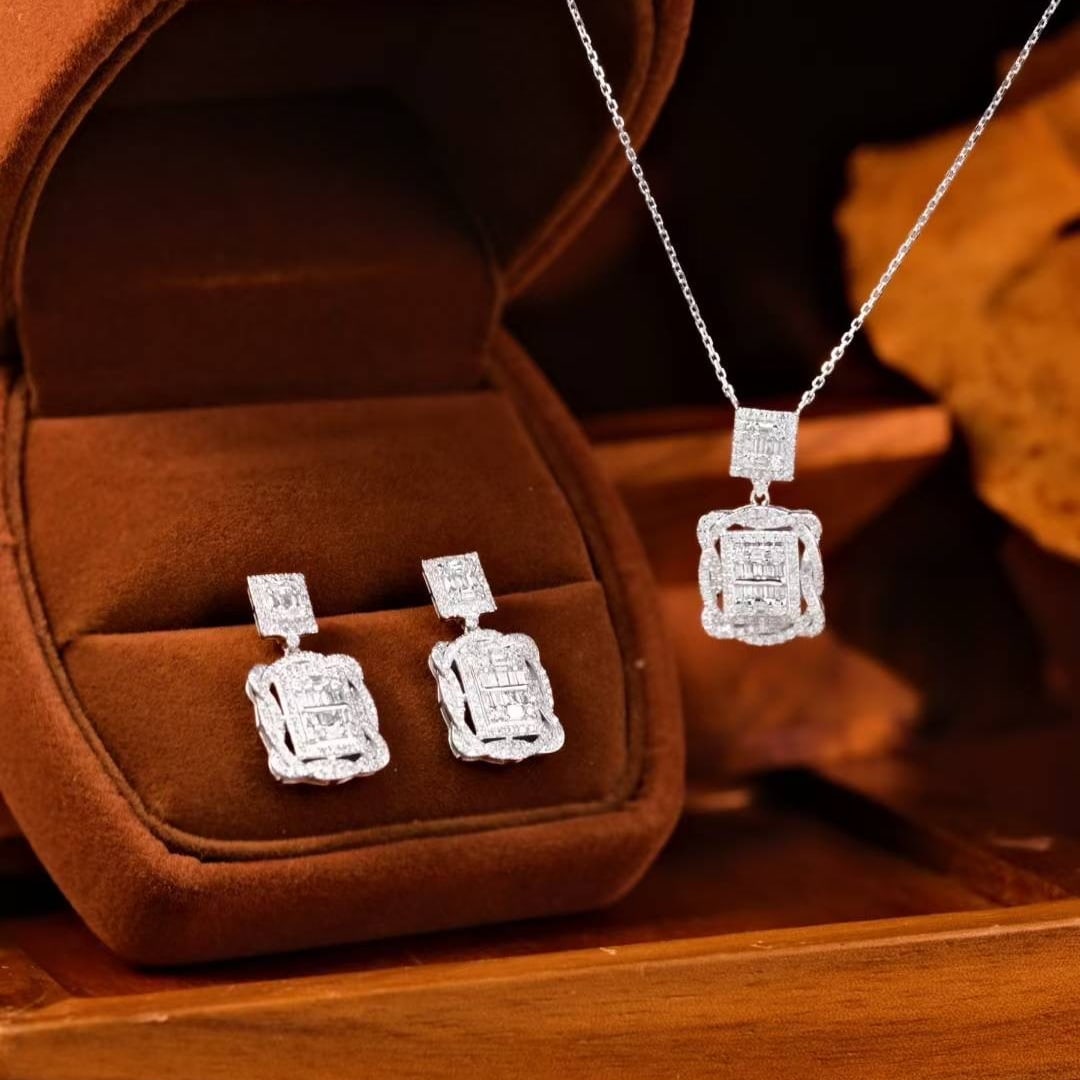 14k Gold 1.95 Ctw Natural H Diamond Jewelry Set: Ref:231103249 // gold content:14k gold // necklace // main gemstone:diamond // shape:multiple // carat weight:0. 65ct // clarity grade:vs-si // color:h // treatment:natural // // earrings // main