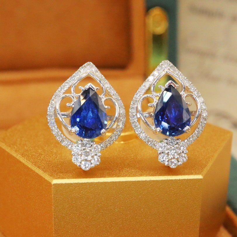 14k Gold 2.23 Ctw Natural Sapphire & Diamond Earrings - 2