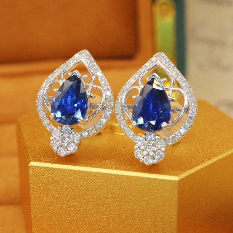 14k Gold 2.23 Ctw Natural Sapphire & Diamond Earrings - 3