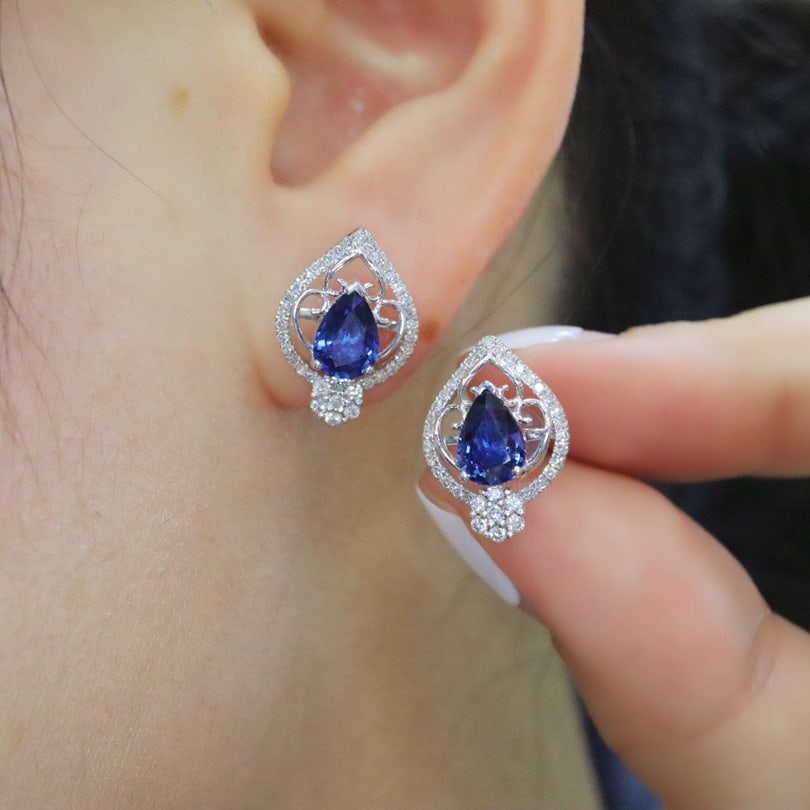 14k Gold 2.23 Ctw Natural Sapphire & Diamond Earrings - 5