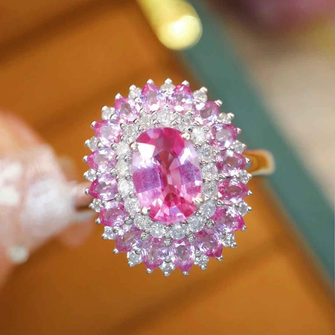 14k Gold 2.18 Ctw Natural Padparadscha Sapphire & Sapphire Ring: Ref:231104144 // gold content:14k gold // ring size:7. 25us // // main gemstone:padparadscha sapphire // shape:oval // carat weight:1. 03ct // color:orangish pink // treatment:natural // //