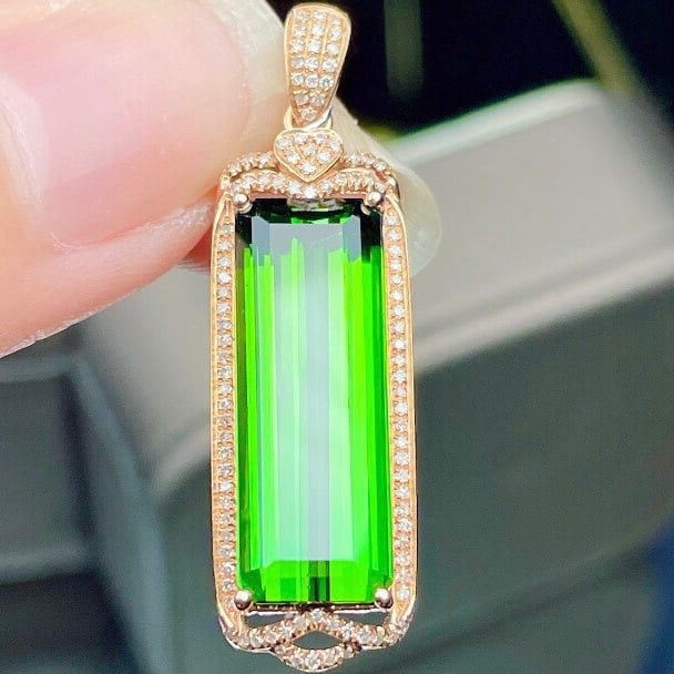 14k Gold 13.11 Ct Natural Tourmaline & Diamond Pendant( Without Chain ) - 2