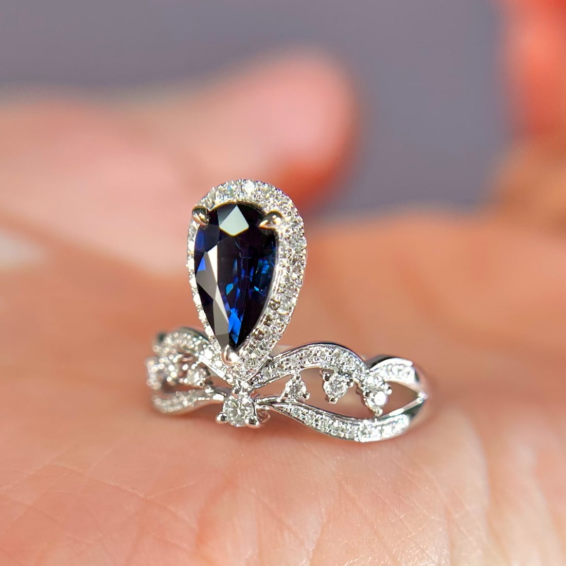 14k Gold 1.62 Ctw Natural Sapphire & Diamond Ring: Ref:231104179 // gold content:14k gold // ring size:7. 25us // // main gemstone:sapphire // shape:pear // carat weight:1. 25ct // color:royal blue // treatment:natural // // adjacent gemstone 2 :