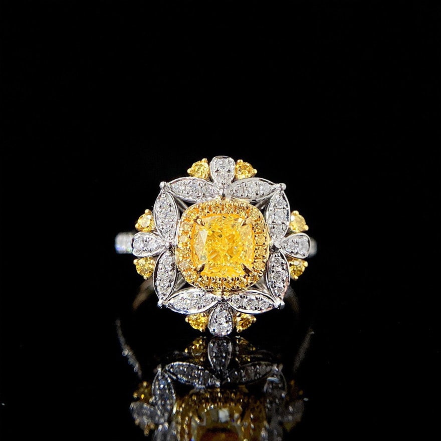 14k Gold 1.33 Ctw Natural Yellow Diamond & Diamond Ring/pendant( Without Chain ): Ref:231104254 // gold content:14k gold // ring size:7. 25us // // main gemstone:yellow diamond // shape:cushion // carat weight:0. 8ct // color:yellow // treatment:natural // // adjacent gemstone
