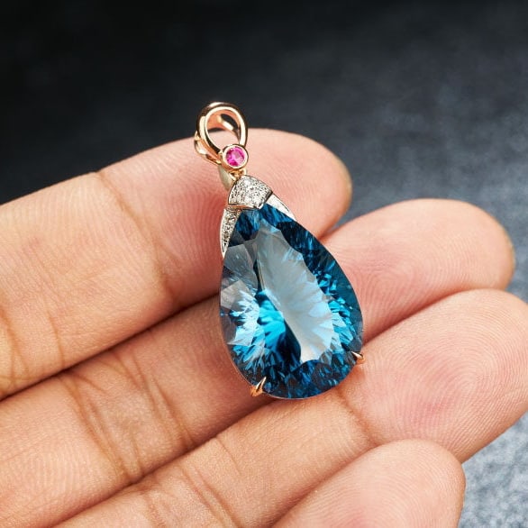 14k Gold 21.45 Ct Natural Topaz & Diamond & Ruby Pendant( Without Chain ) - 6