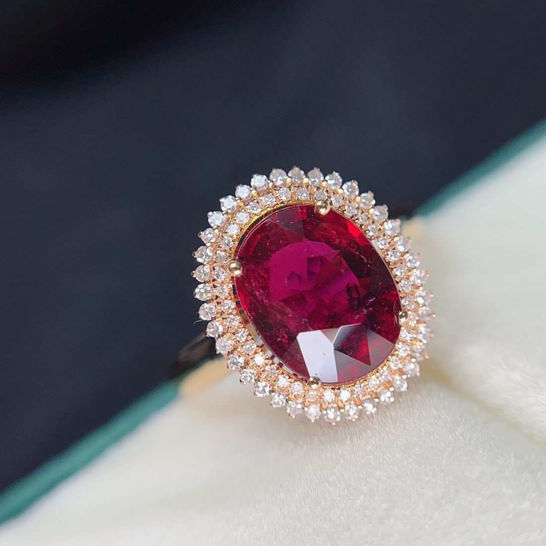 14k Gold 2.25 Ct Natural Tourmaline & Diamond Ring: Ref:231104310 // gold content:14k gold // ring size:7. 25us // // main gemstone:tourmaline // shape:oval // carat weight:2. 25ct // color:red // treatment:natural // // adjacent gemstone 2 :