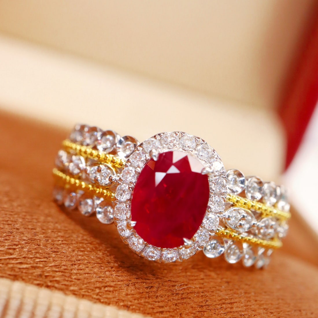 14k Gold 1.46 Ctw Natural Ruby & Diamond Ring: Ref:231104320 // gold content:14k gold // ring size:7. 25us // // main gemstone:ruby // shape:oval // carat weight:1. 16ct // color:pigeonblood red // treatment:natural // // adjacent gemstone 2 : dia