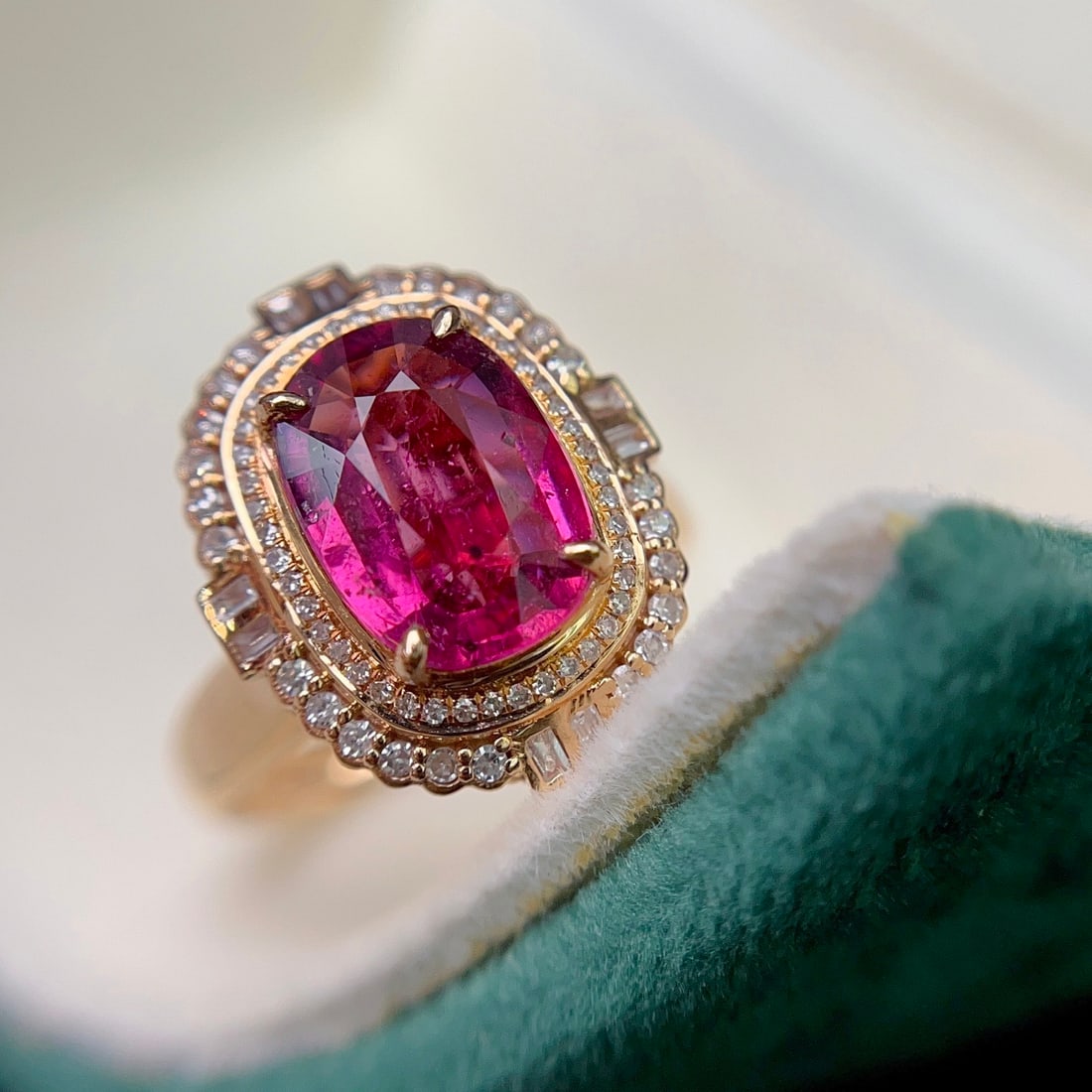 14k Gold 2.25 Ct Natural Tourmaline & Diamond Ring/pendant( Without Chain ): Ref:231104322 // gold content:14k gold // ring size:7. 25us // // main gemstone:tourmaline // shape:cushion // carat weight:2. 25ct // color:red // treatment:natural // // adjacent gemstone 2 :