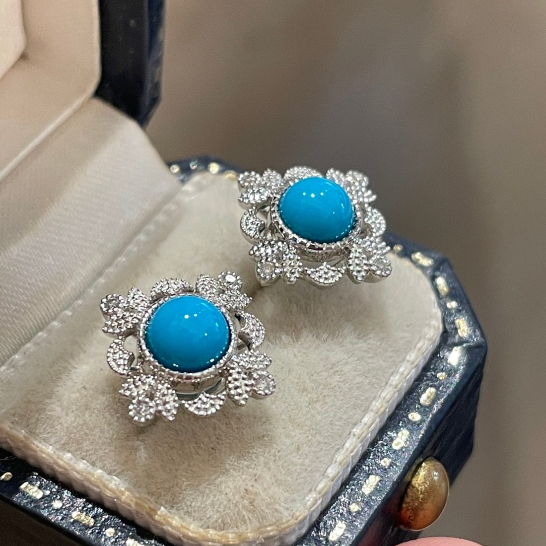 14k Gold 1.2 Ct Natural Blue Turquoise & Diamond Earrings (1 of 7)