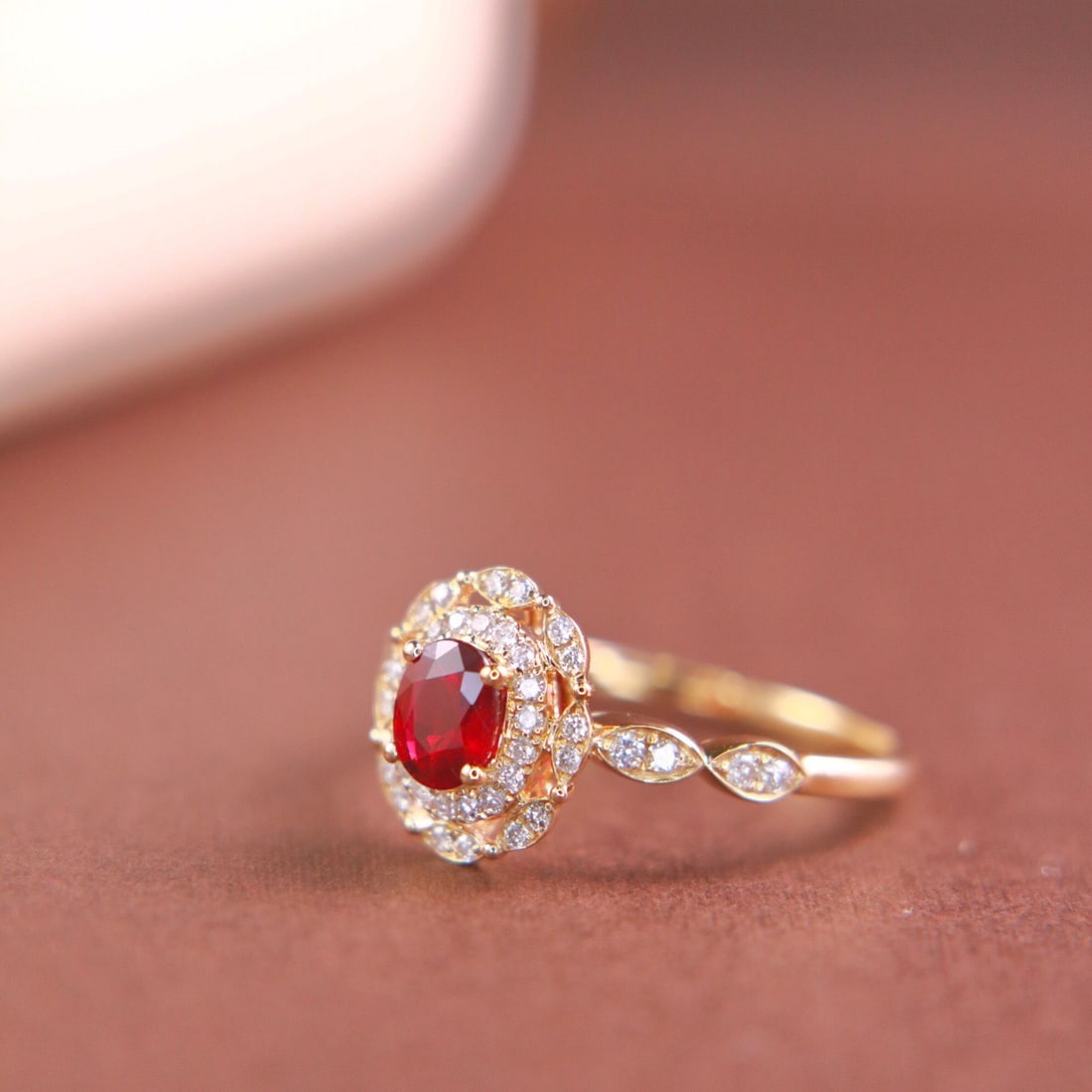 14k Gold 0.67 Ctw Natural Ruby & Diamond Ring: Ref:231104432 // gold content:14k gold // ring size:7. 25us // // main gemstone:ruby // shape:oval // carat weight:0. 47ct // color:pigeonblood red // treatment:natural // // adjacent gemstone 2 : dia