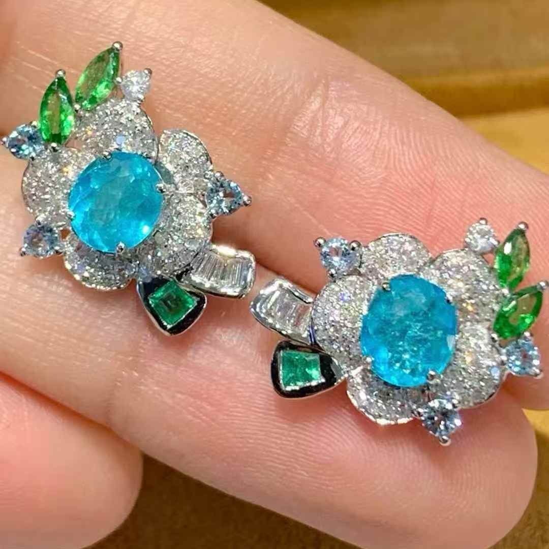 14k Gold 1.3 Ct Natural Paraiba Tourmaline & Diamond & Coloured Gemstone Earrings - 2