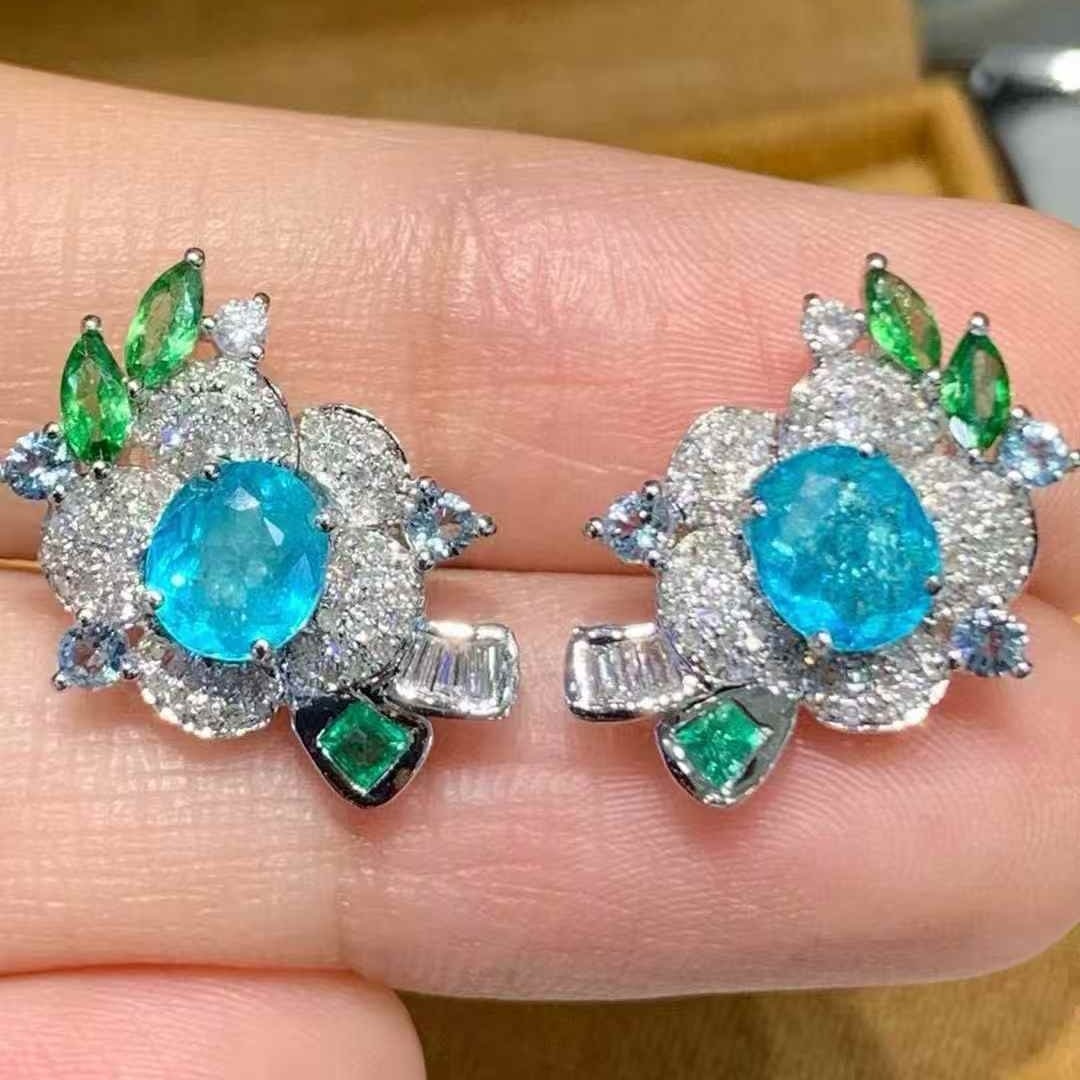 14k Gold 1.3 Ct Natural Paraiba Tourmaline & Diamond & Coloured Gemstone Earrings - 3