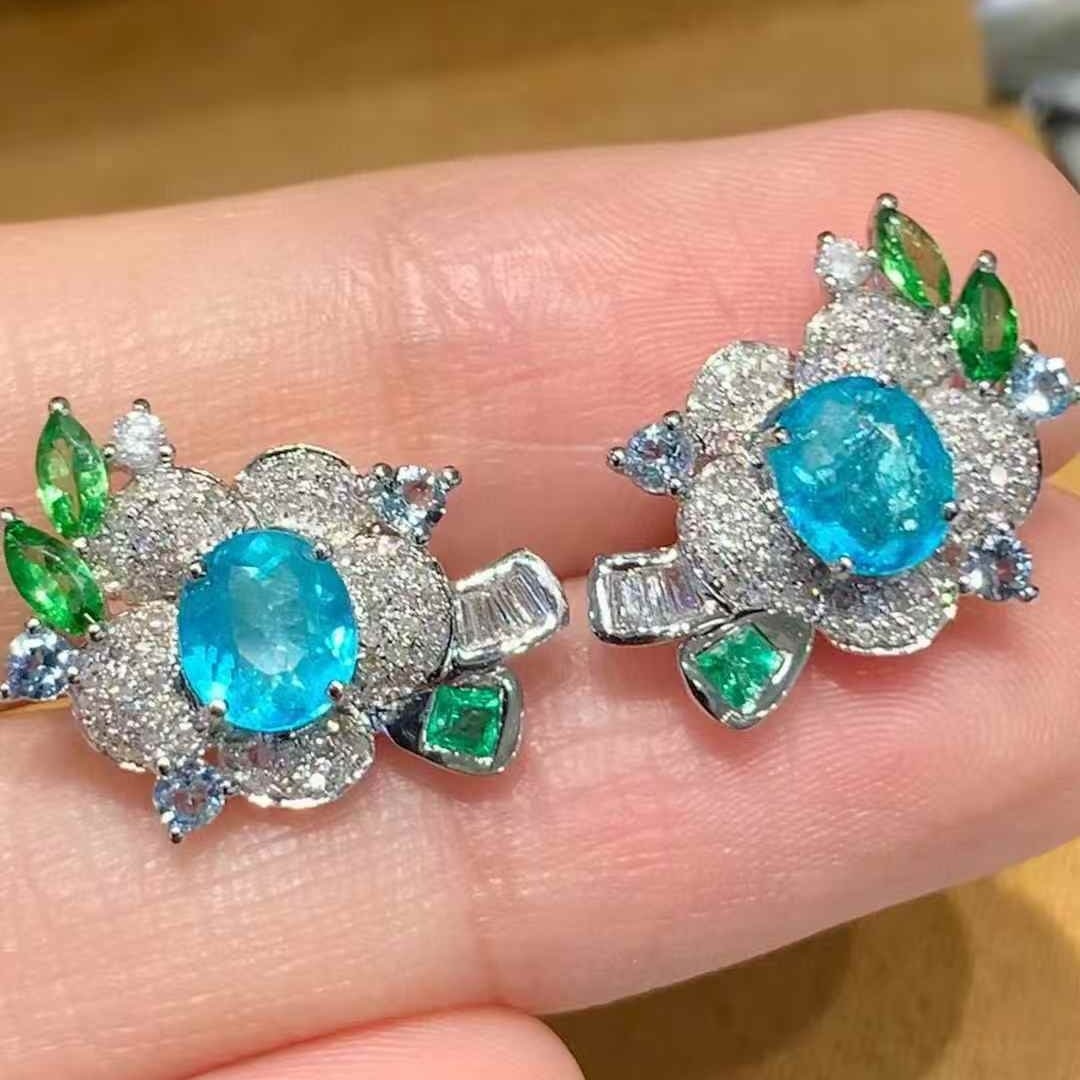 14k Gold 1.3 Ct Natural Paraiba Tourmaline & Diamond & Coloured Gemstone Earrings - 6