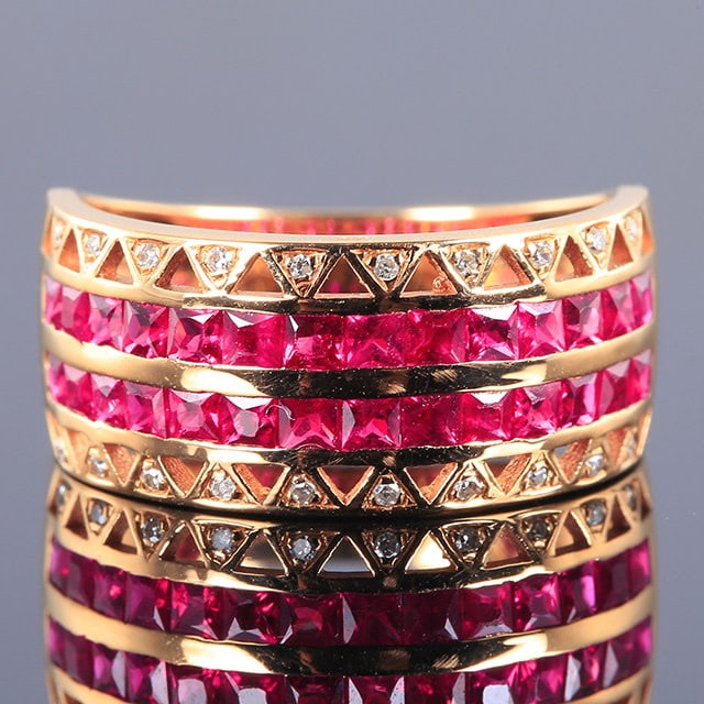 14k Gold 1.58 Ctw Natural Ruby & Diamond Ring: Ref:231113151 // gold content:14k gold // ring size:7. 25us // // main gemstone:ruby // shape:princess // carat weight:1. 52ct // color:red // treatment:natural // // adjacent gemstone 2 : diamond //