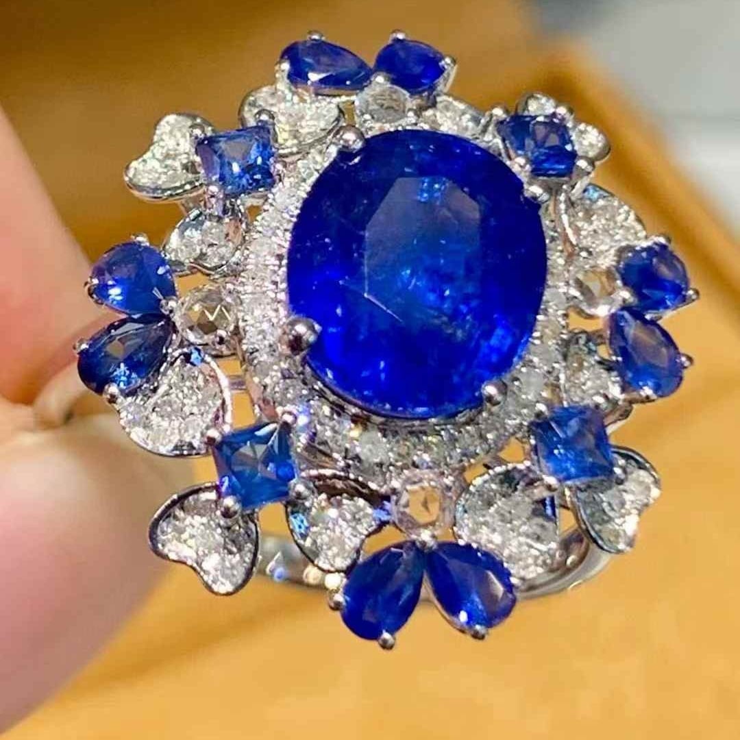14k Gold 3.00 Ct Natural Sapphire & Diamond & Sapphire Ring - 4
