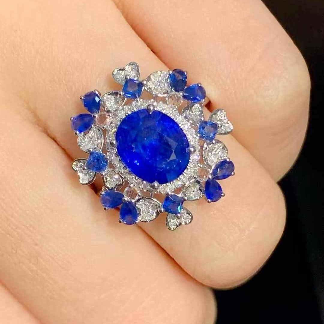 14k Gold 3.00 Ct Natural Sapphire & Diamond & Sapphire Ring - 6