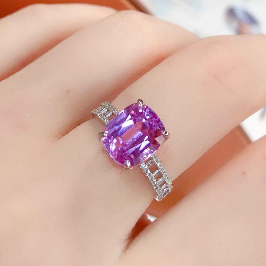 14k Gold 5.2 Ct Natural Kunzite & Diamond Ring: Ref:231113177 // gold content:14k gold // ring size:7. 25us // // main gemstone:kunzite // shape:cushion // carat weight:5. 2ct // color:purple // treatment:natural // // adjacent gemstone 2 :