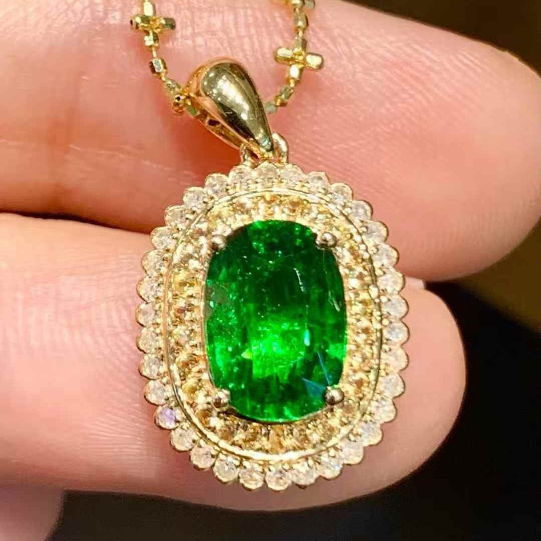 14k Gold 1.55 Ct Natural Tsavorite & Diamond Pendant( Without Chain ) - 2